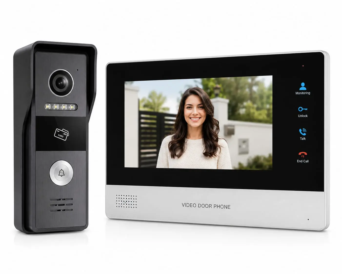 Smart video door phone with HD camera, indoor display monitor, two-way audio, remote unlock, and visitor monitoring for home and office security.