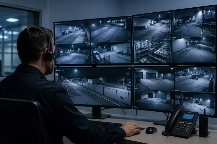 24/7 CCTV monitoring center with security operator viewing live surveillance footage on multiple screens for commercial and residential security.