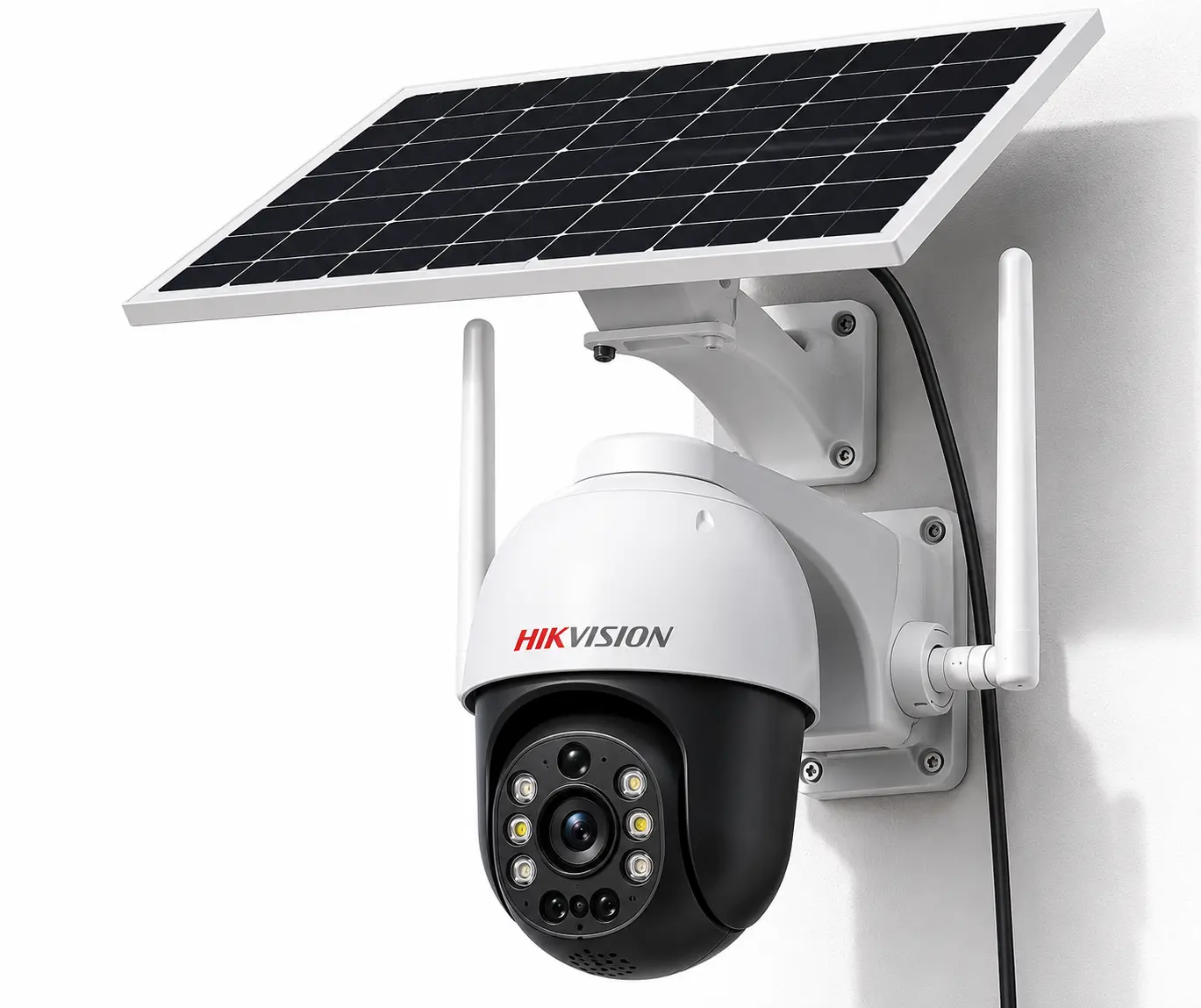 Hikvision solar-powered PTZ CCTV camera with wireless connectivity, HD video, and night vision for outdoor security surveillance.