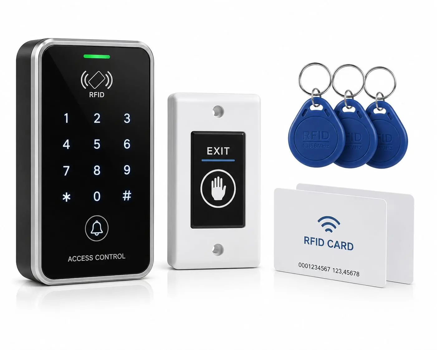 RFID access control system with keypad, RFID card, key fobs, and exit button for secure door access and office security.