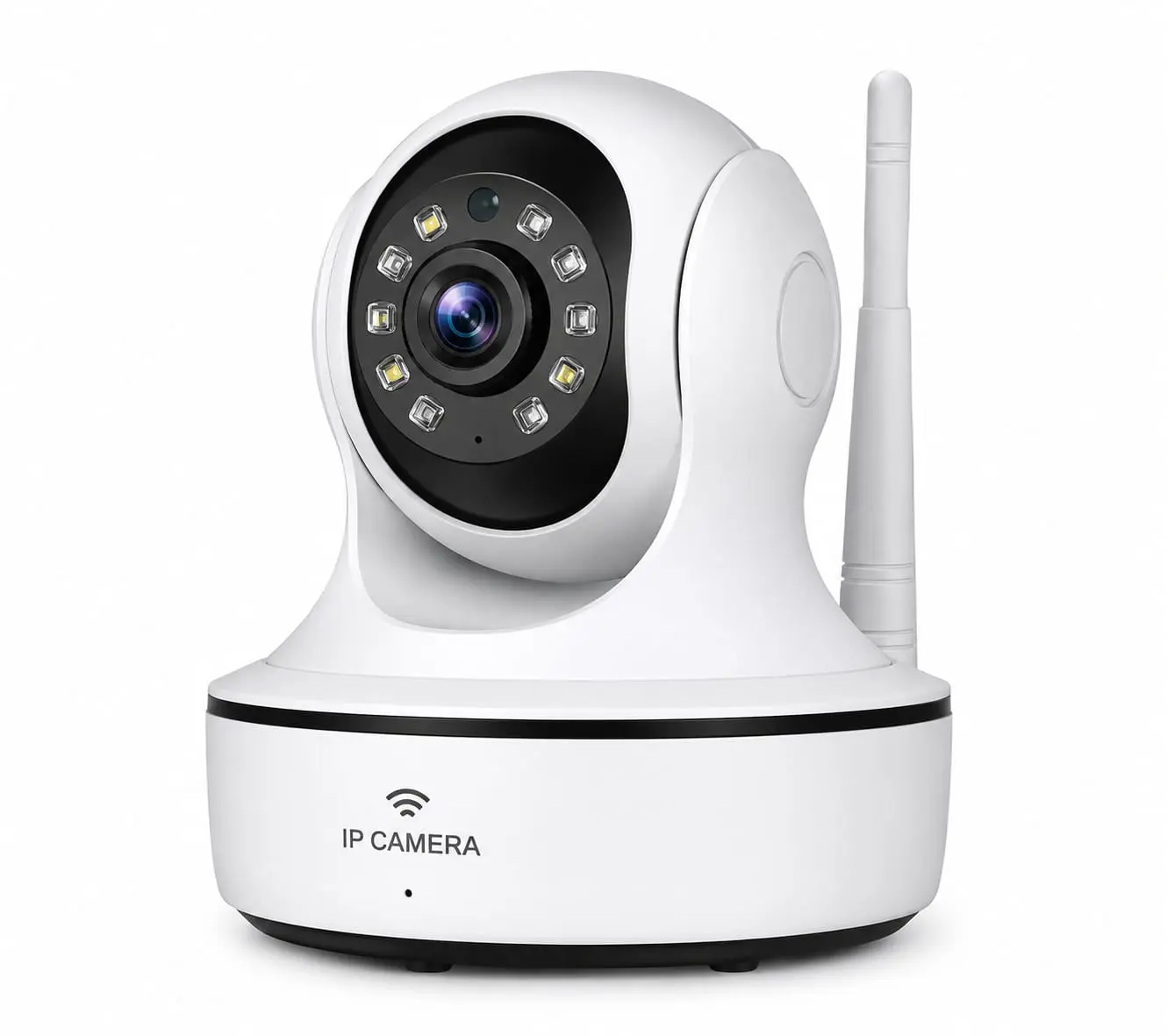 Wireless indoor IP CCTV camera with HD lens, infrared night vision LEDs, Wi-Fi antenna, and pan-tilt functionality on a white background.